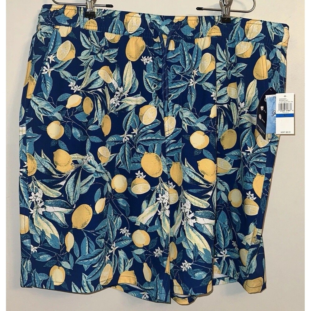 IZOD Saltwater Tropical Floral Lemons Swim Shorts XLT Blue Elastic Waist
